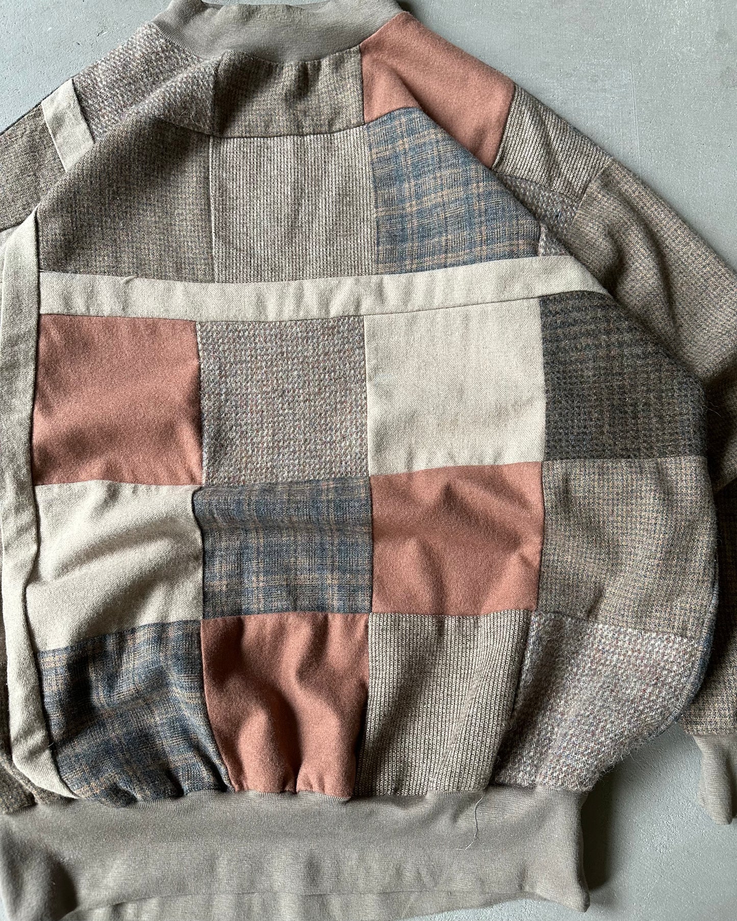 Années 80 - Pull col ras du cou en patchwork de tweed gris/orange - XL