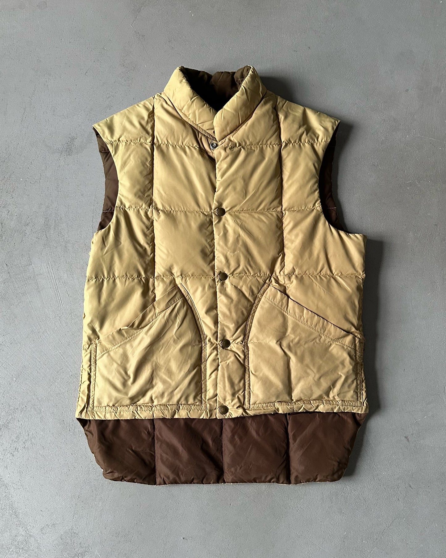 1970s - Faded Brown/Beige Reversible Puffer Vest - M