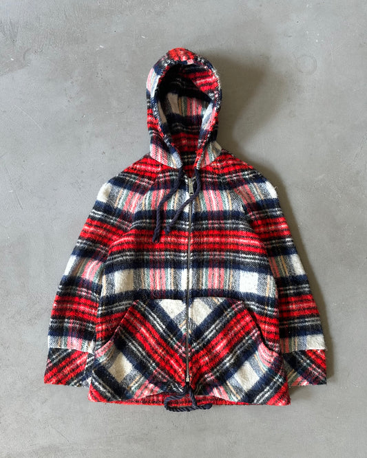 1970s - Red/Blue Tartan Hooded Jacket - (W)S/M