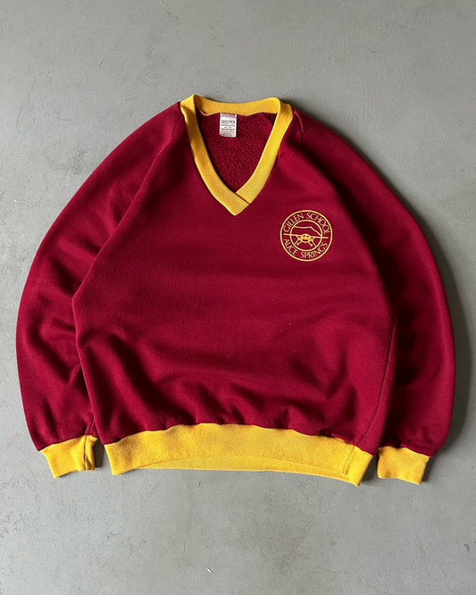 1970s - Burgundy/Yellow Gillen School V Crewneck - XS/S