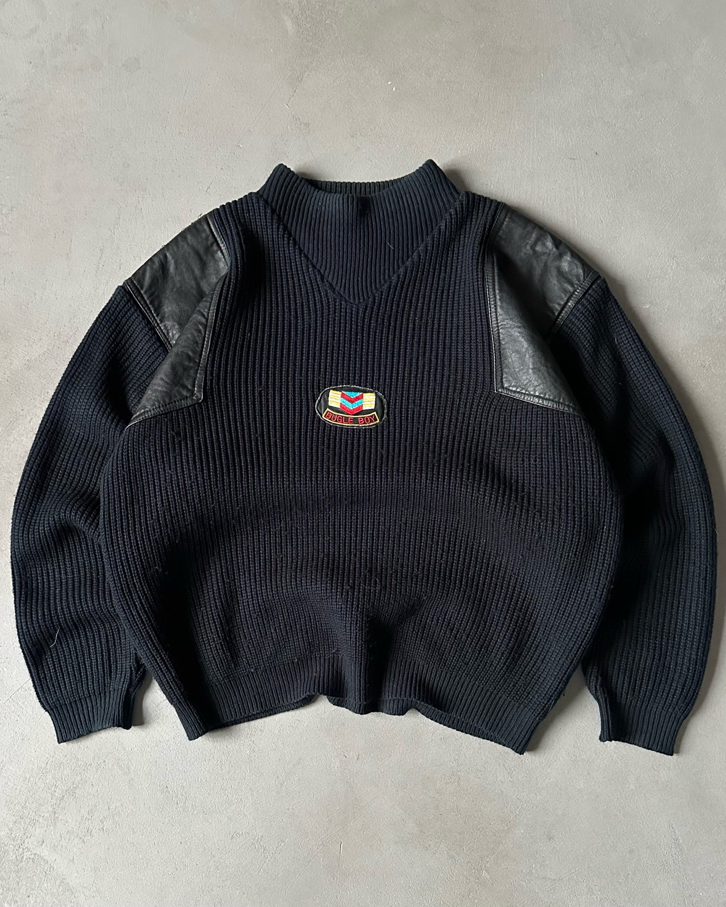 1980s - Dark Navy/Black Bugle Boy Leather Appliqué Sweater - M