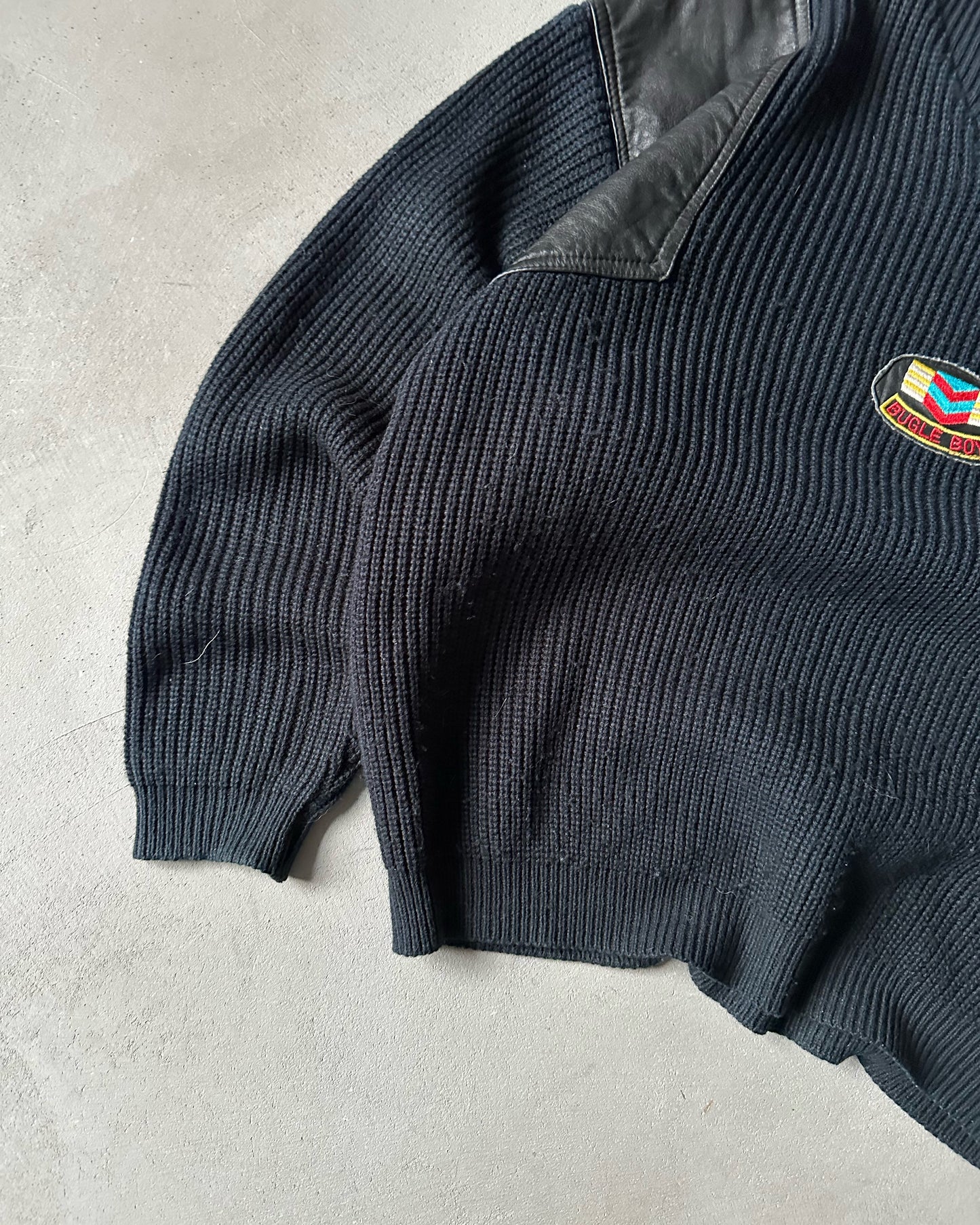 1980s - Dark Navy/Black Bugle Boy Leather Appliqué Sweater - M