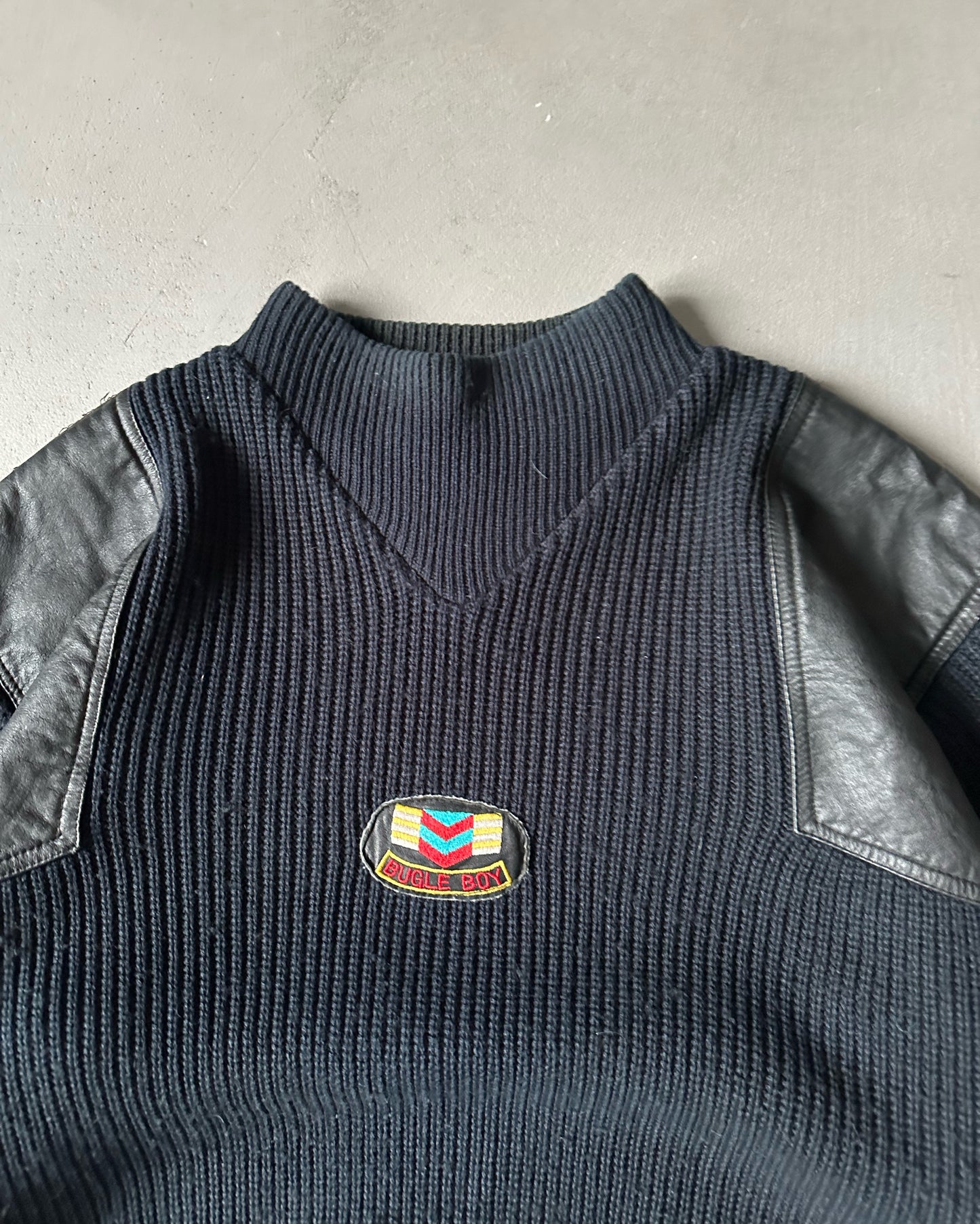 1980s - Dark Navy/Black Bugle Boy Leather Appliqué Sweater - M