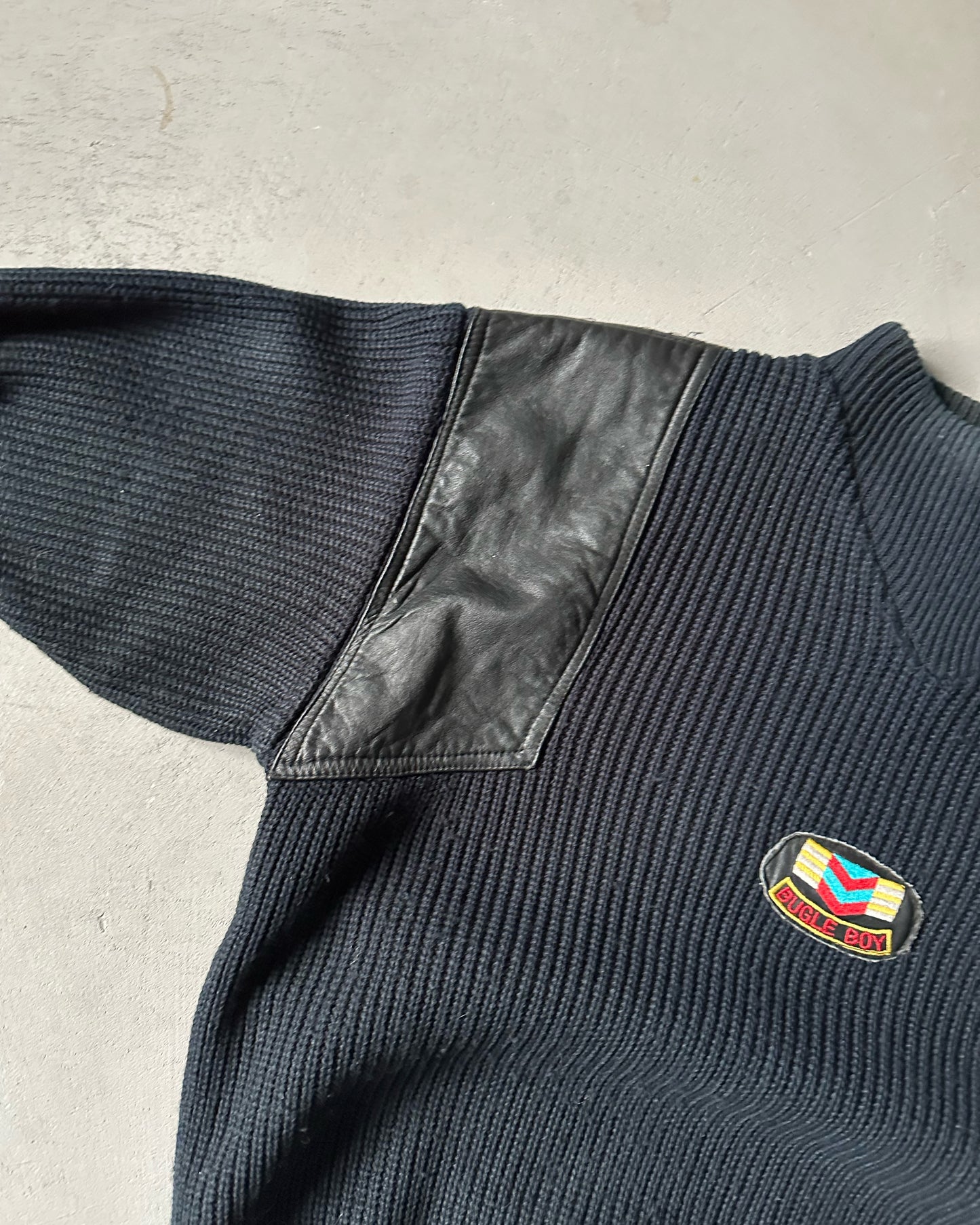 1980s - Dark Navy/Black Bugle Boy Leather Appliqué Sweater - M