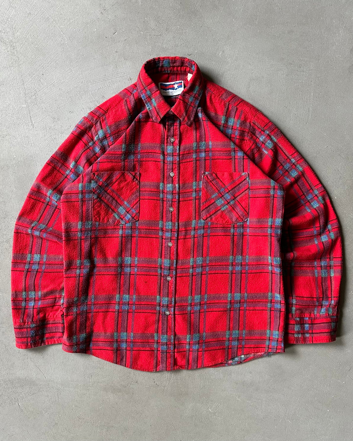 1980s - Red/Aqua Plaid Flannel - M