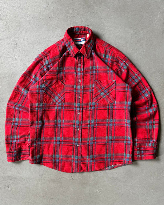1980s - Red/Aqua Plaid Flannel - M