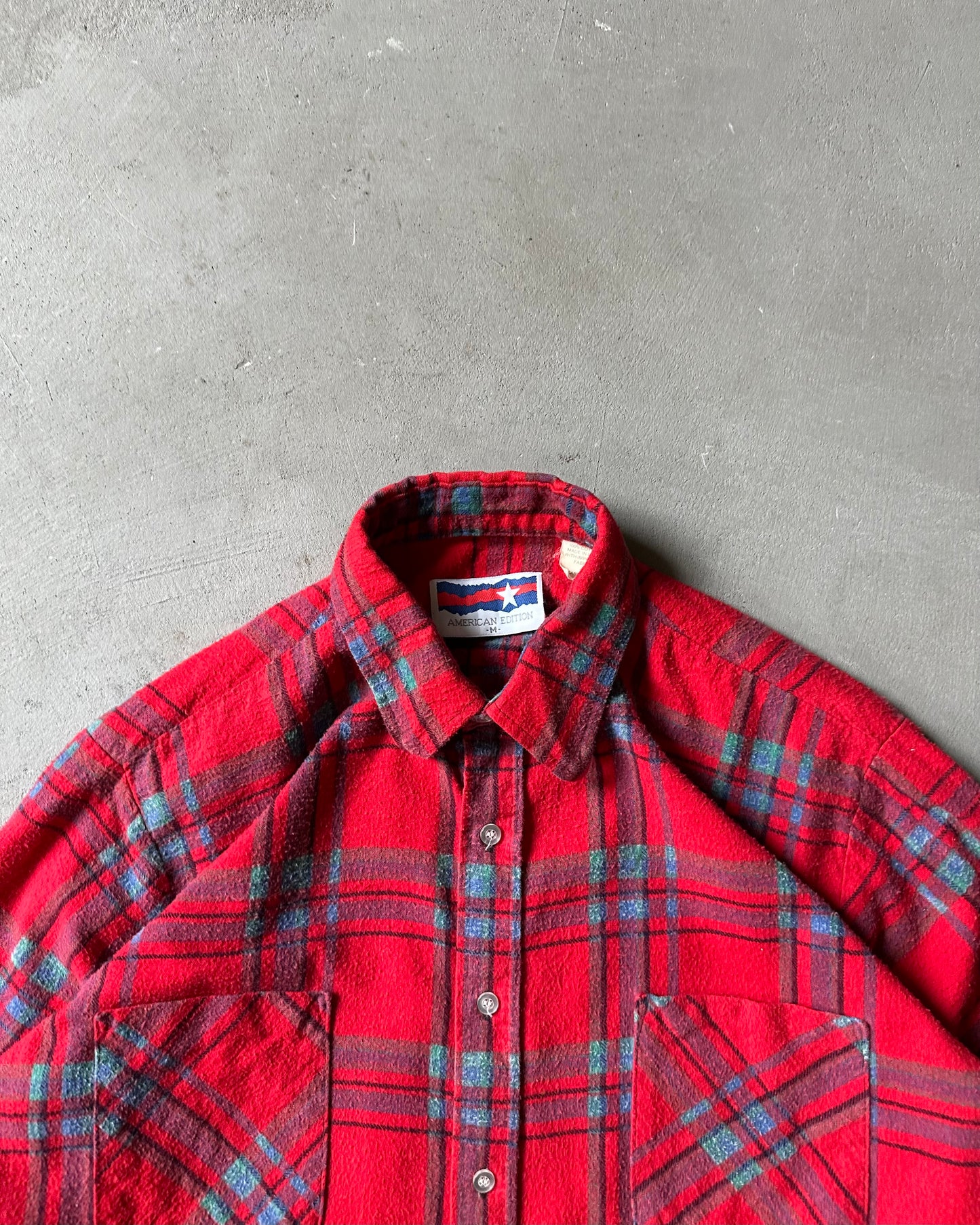 1980s - Red/Aqua Plaid Flannel - M