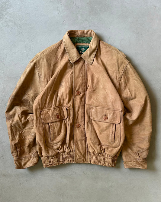 1990s - Distressed Caramel Orvis Leather Jacket - XL