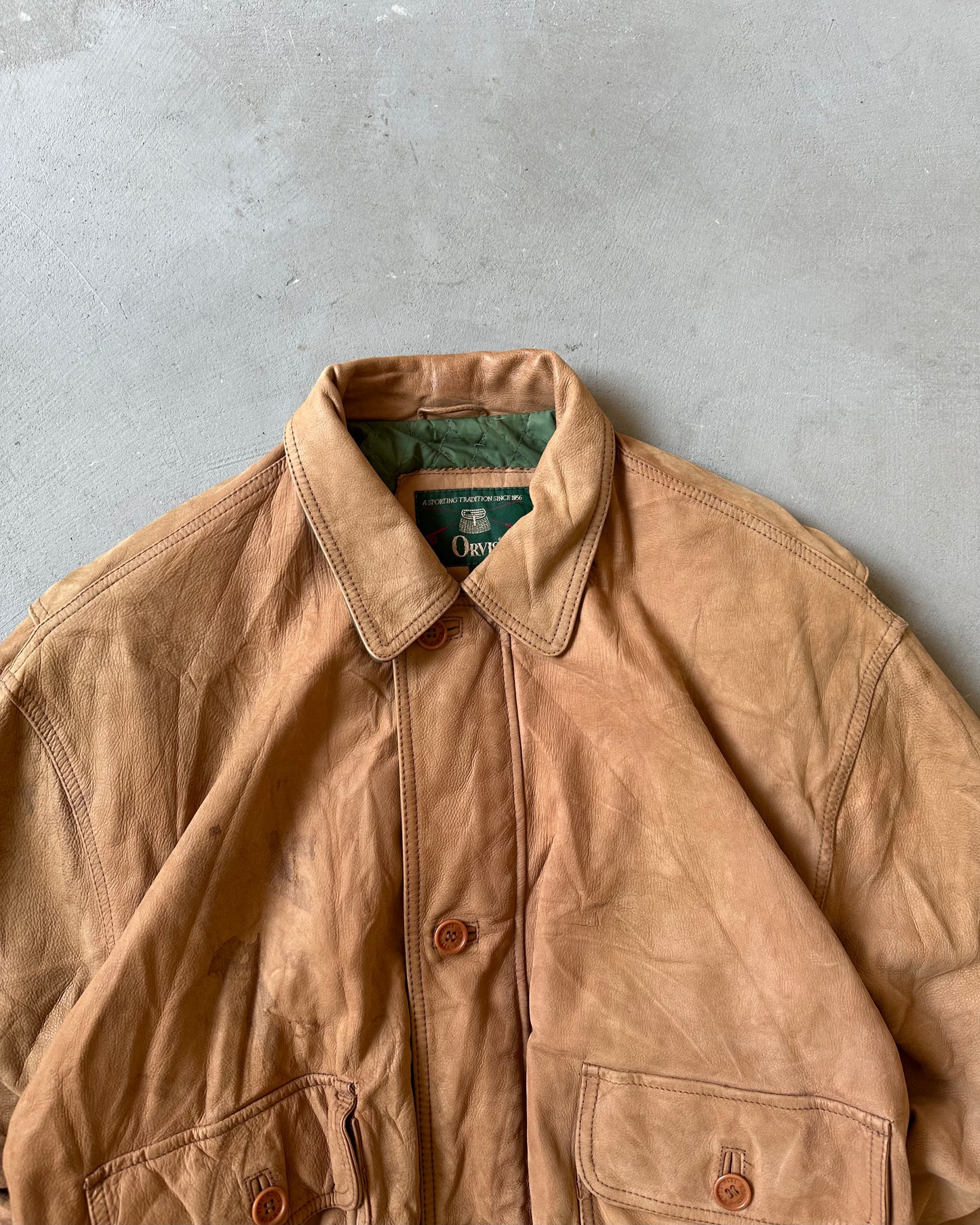1990s - Distressed Caramel Orvis Leather Jacket - XL