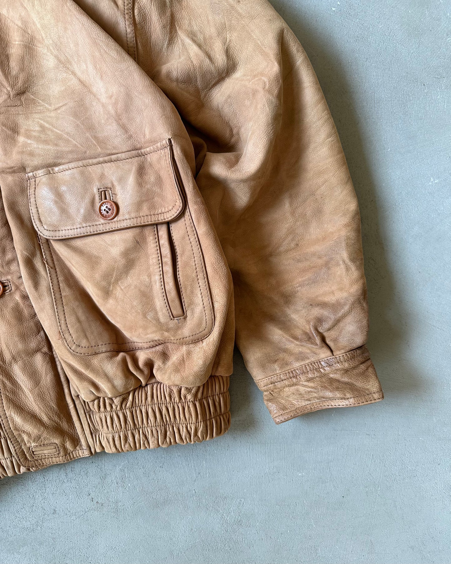 1990s - Distressed Caramel Orvis Leather Jacket - XL