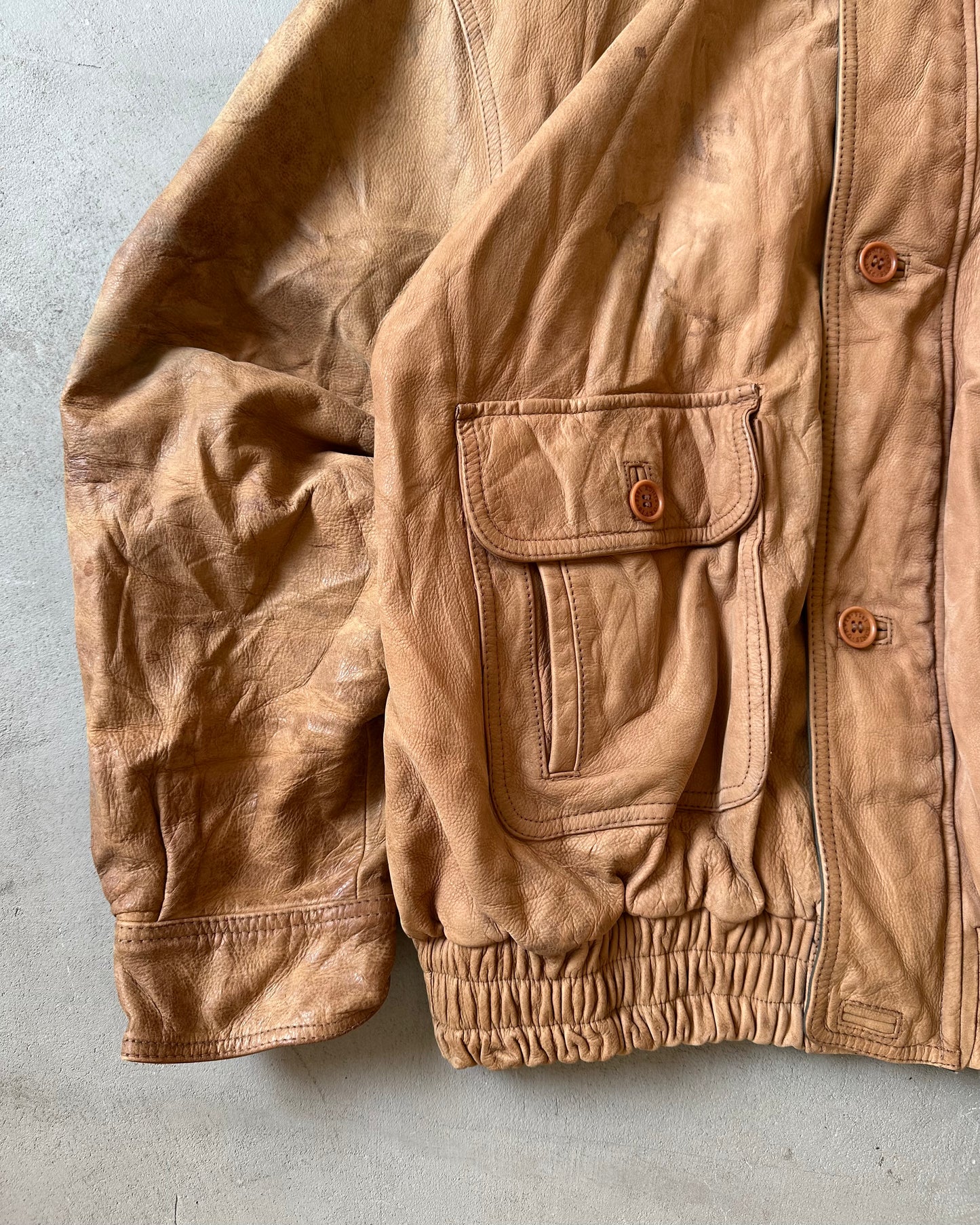 1990s - Distressed Caramel Orvis Leather Jacket - XL