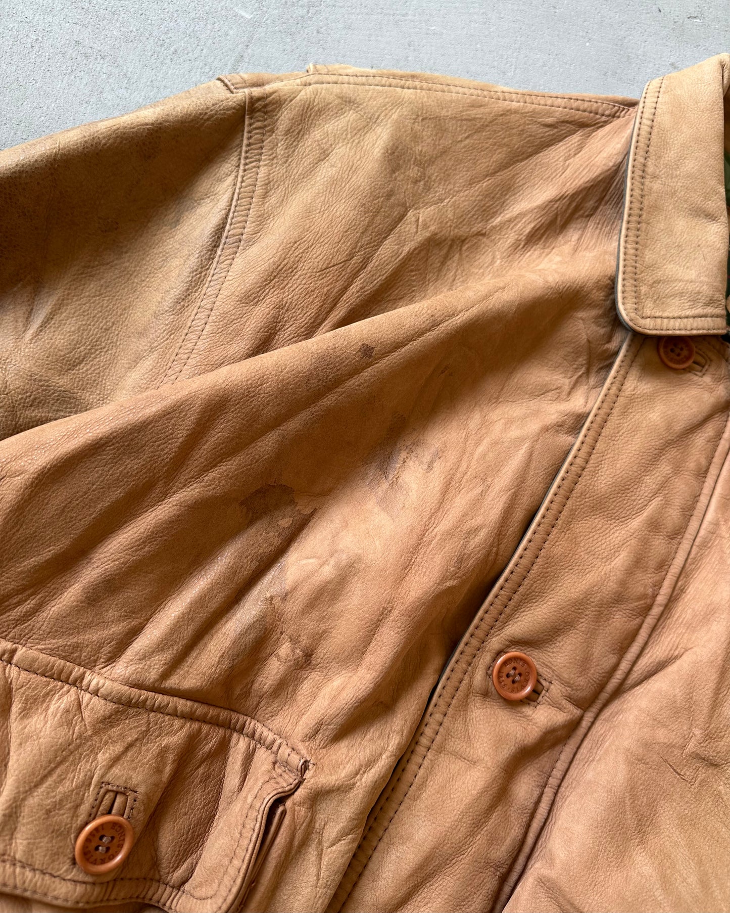 1990s - Distressed Caramel Orvis Leather Jacket - XL