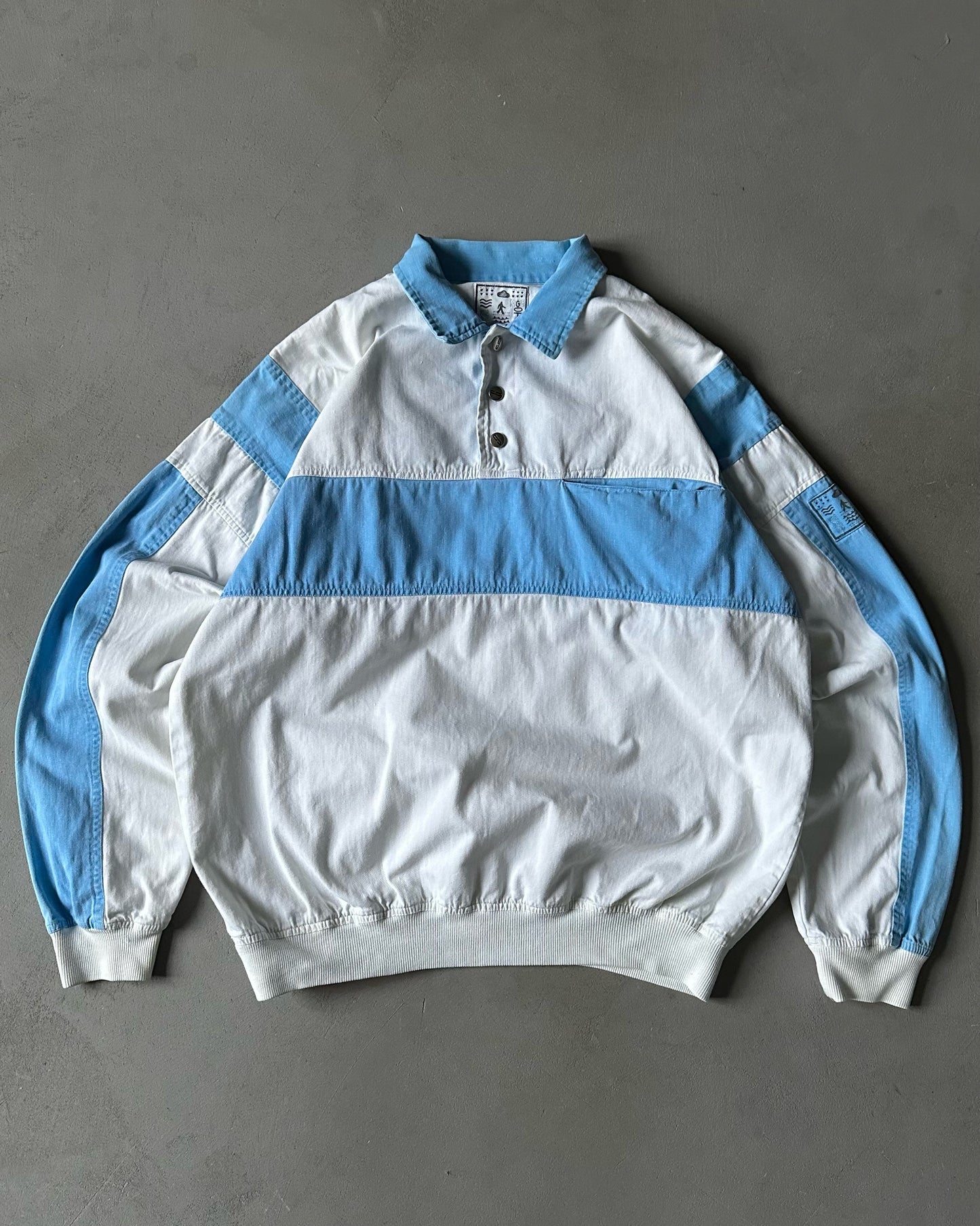 1990s - White/Blue Twill Collared Crewneck - L