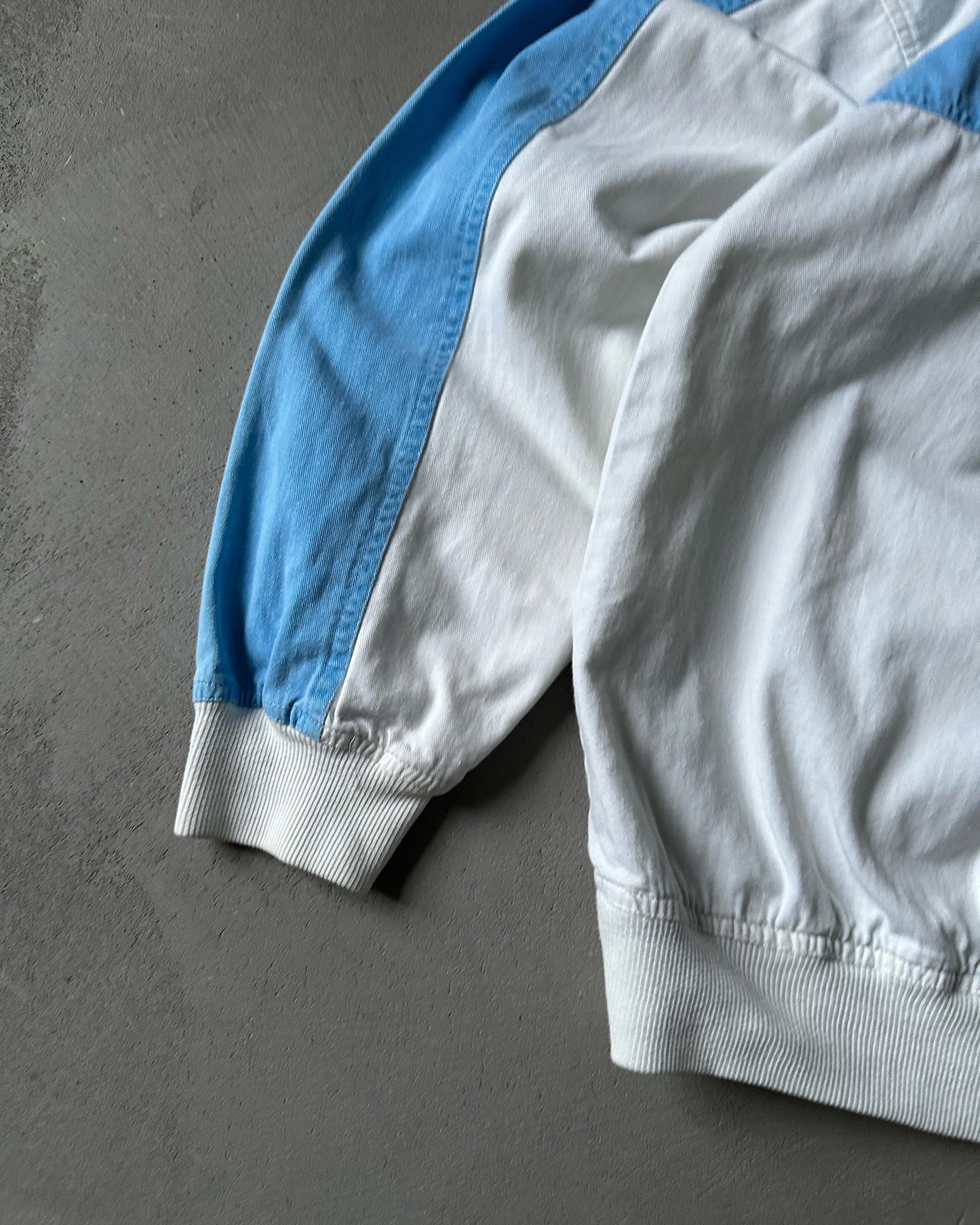 1990s - White/Blue Twill Collared Crewneck - L