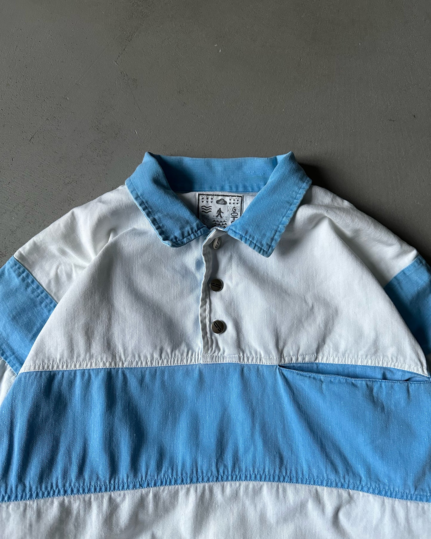 1990s - White/Blue Twill Collared Crewneck - L