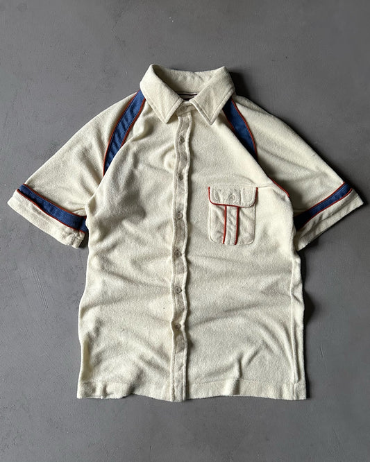 1970s - Cream/Blue Terry Cloth Polo - S