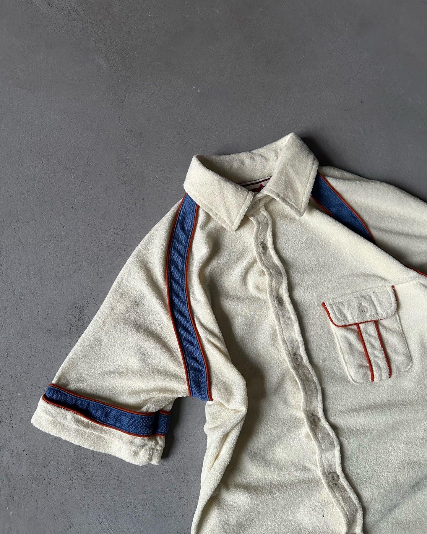 1970s - Cream/Blue Terry Cloth Polo - S