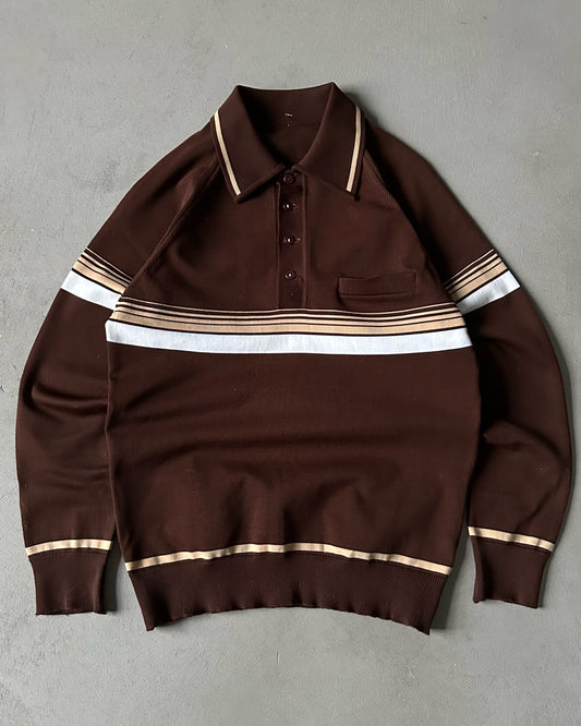 1970s - Brown/Beige Longsleeve Polo - S