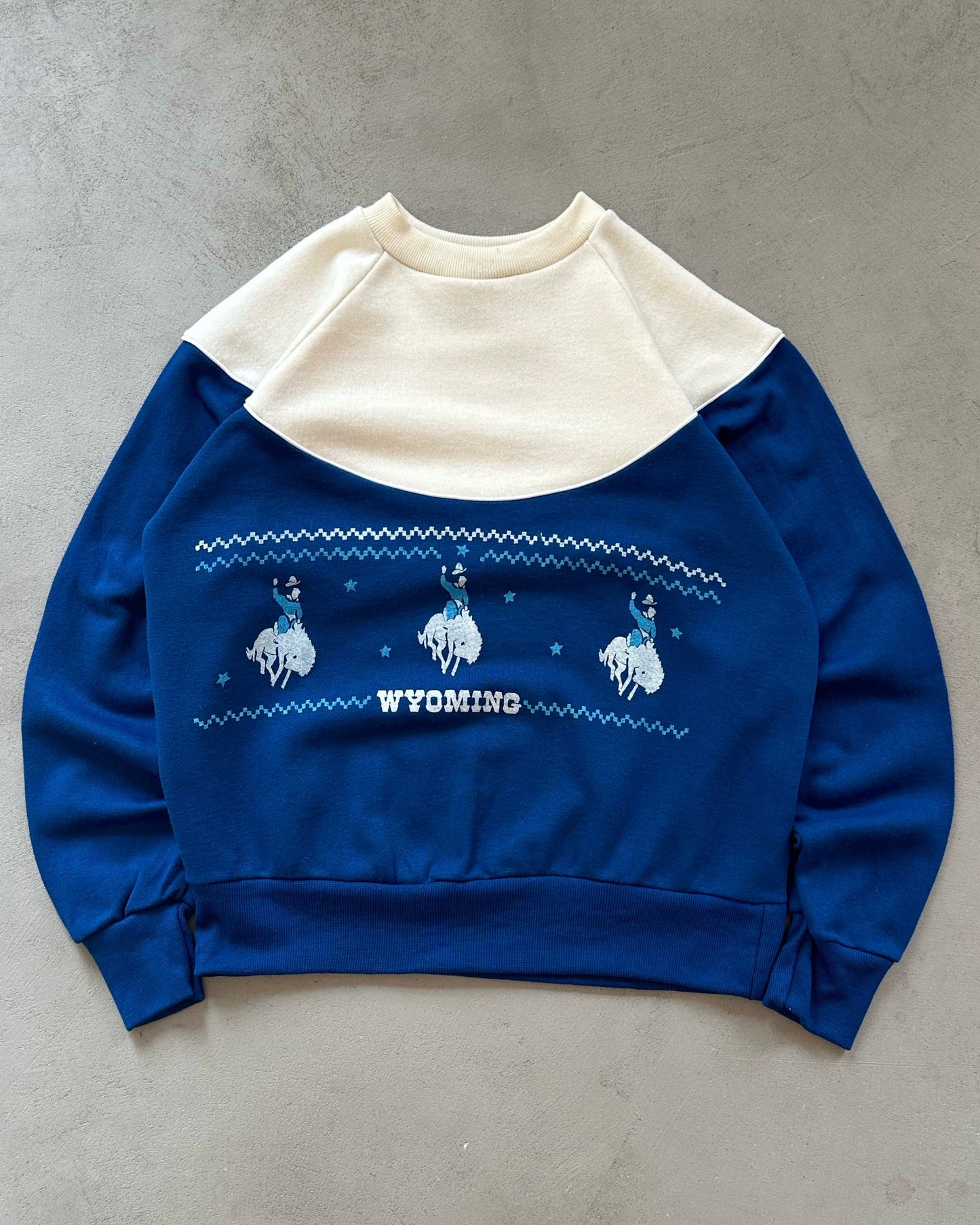 1970s - White/Blue Wyoming Crewneck - XS