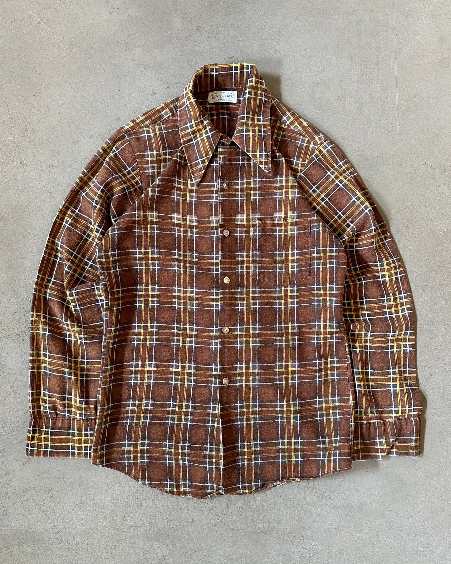 1970s - Distressed Brown/Yellow Plaid Flannel - XS