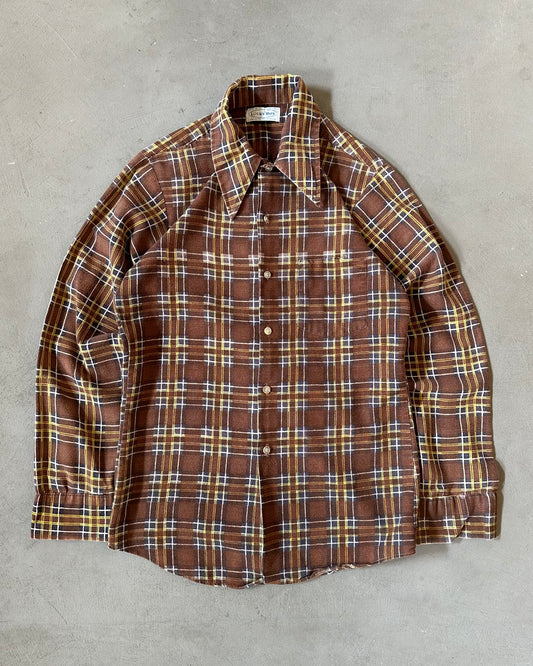 1970s - Distressed Brown/Yellow Plaid Flannel - XS