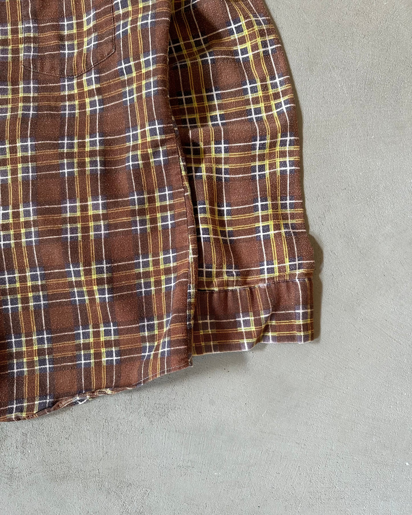 1970s - Distressed Brown/Yellow Plaid Flannel - XS