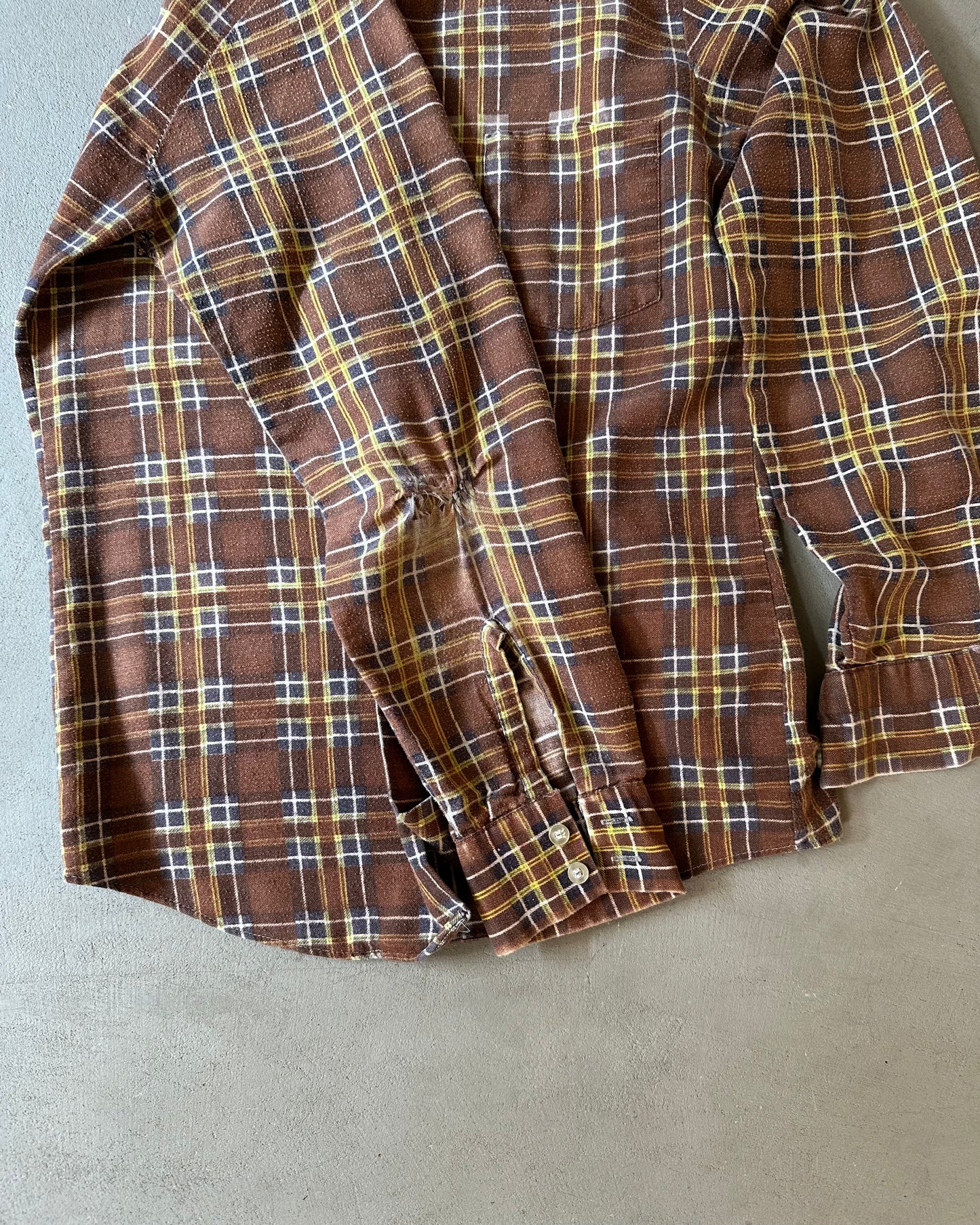 1970s - Distressed Brown/Yellow Plaid Flannel - XS