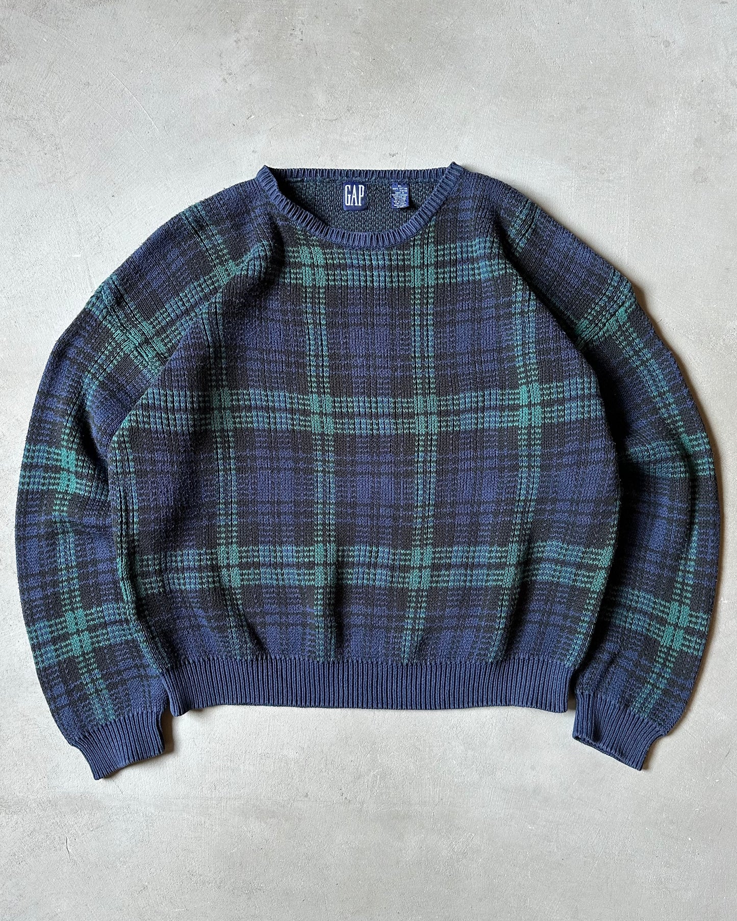 1990s - Navy/Green GAP Plaid Sweater - XL