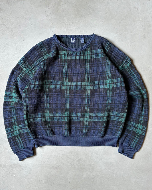 1990s - Navy/Green GAP Plaid Sweater - XL