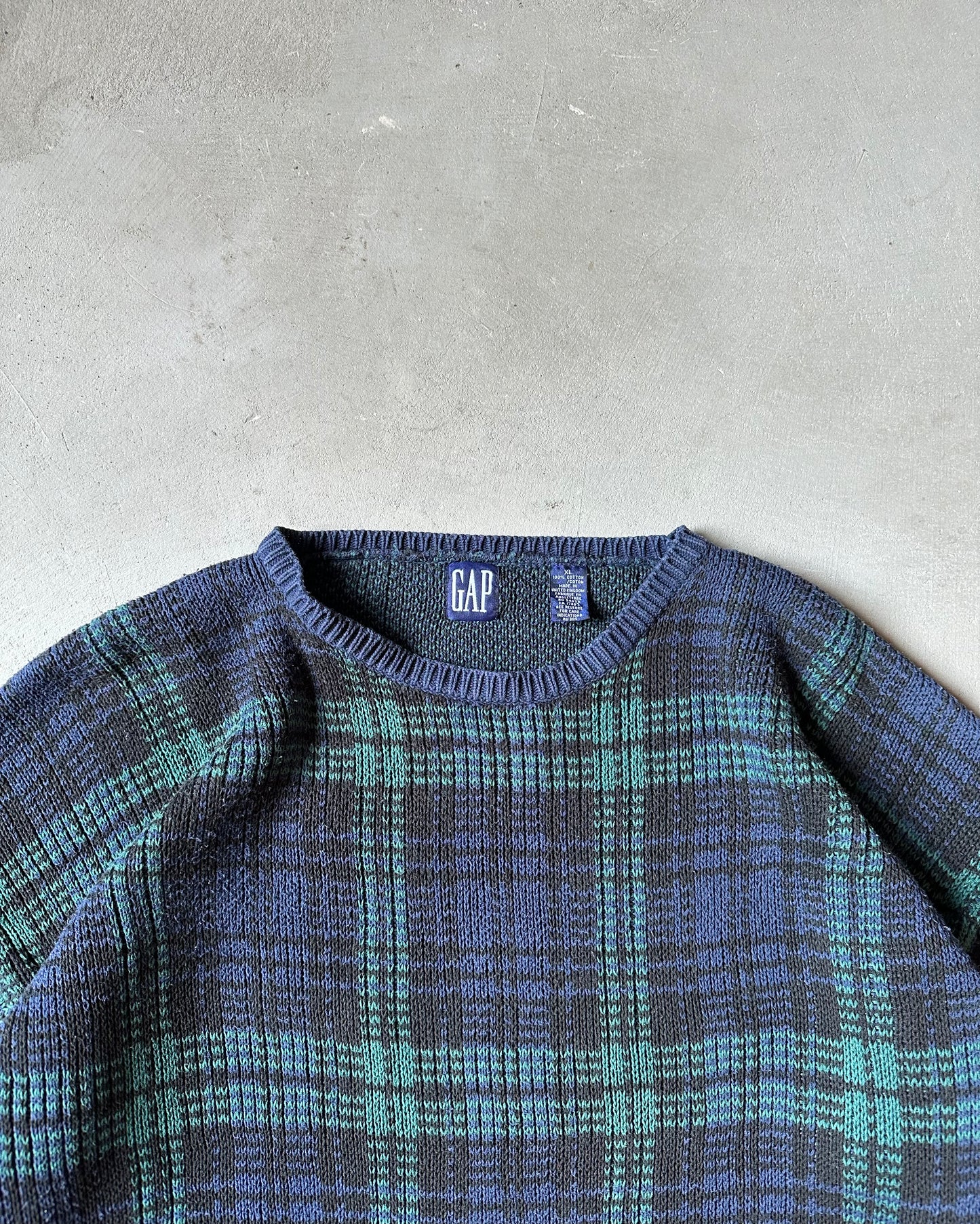 1990s - Navy/Green GAP Plaid Sweater - XL