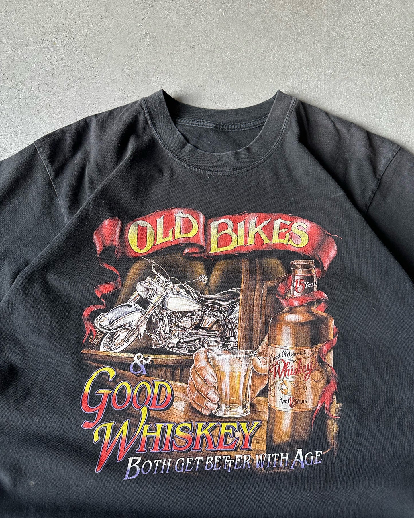 1990s - Faded Black "Bike & Whiskey" T-Shirt - L