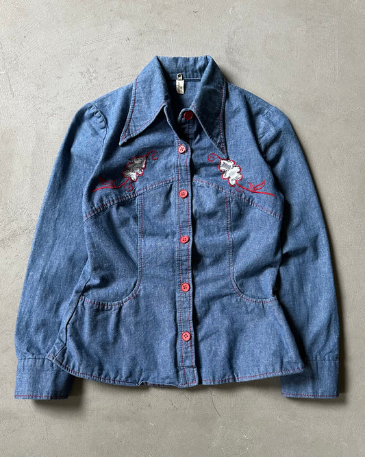 1970s - Denim Women's Western Shirt - (W)S/M