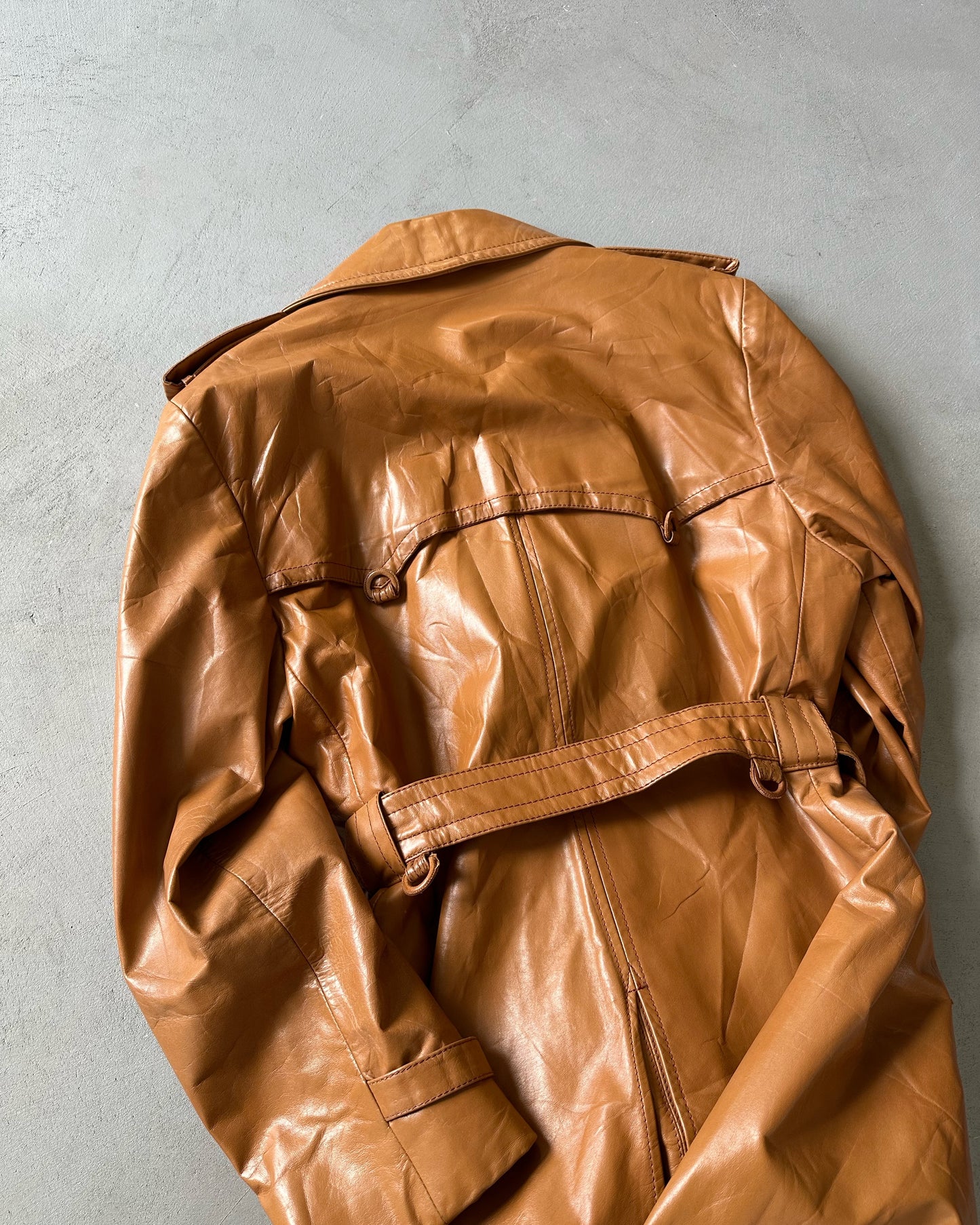 1980s - Caramel Leather Trench Coat - 44