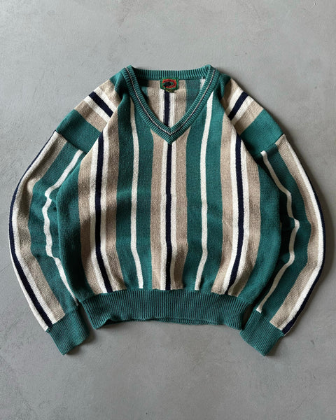 1990s - Teal/Cream Striped Cotton Sweater - L