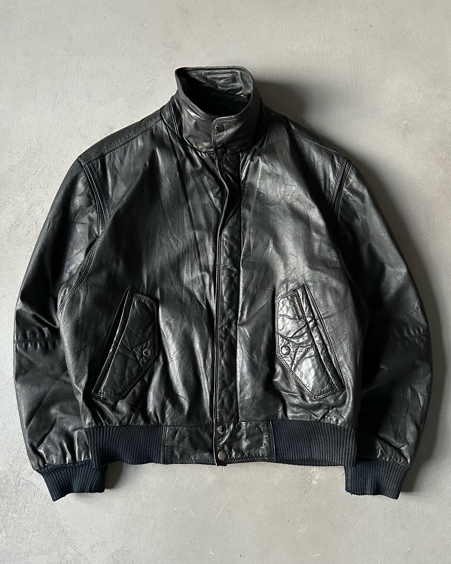 1990s - Black Leather Bomber Jacket - S