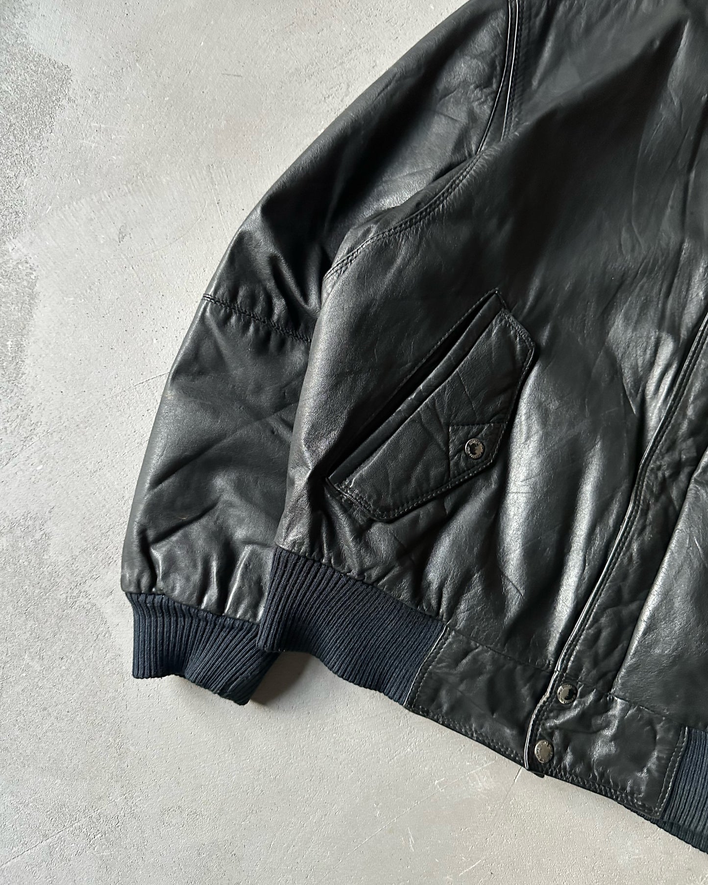 1990s - Black Leather Bomber Jacket - S