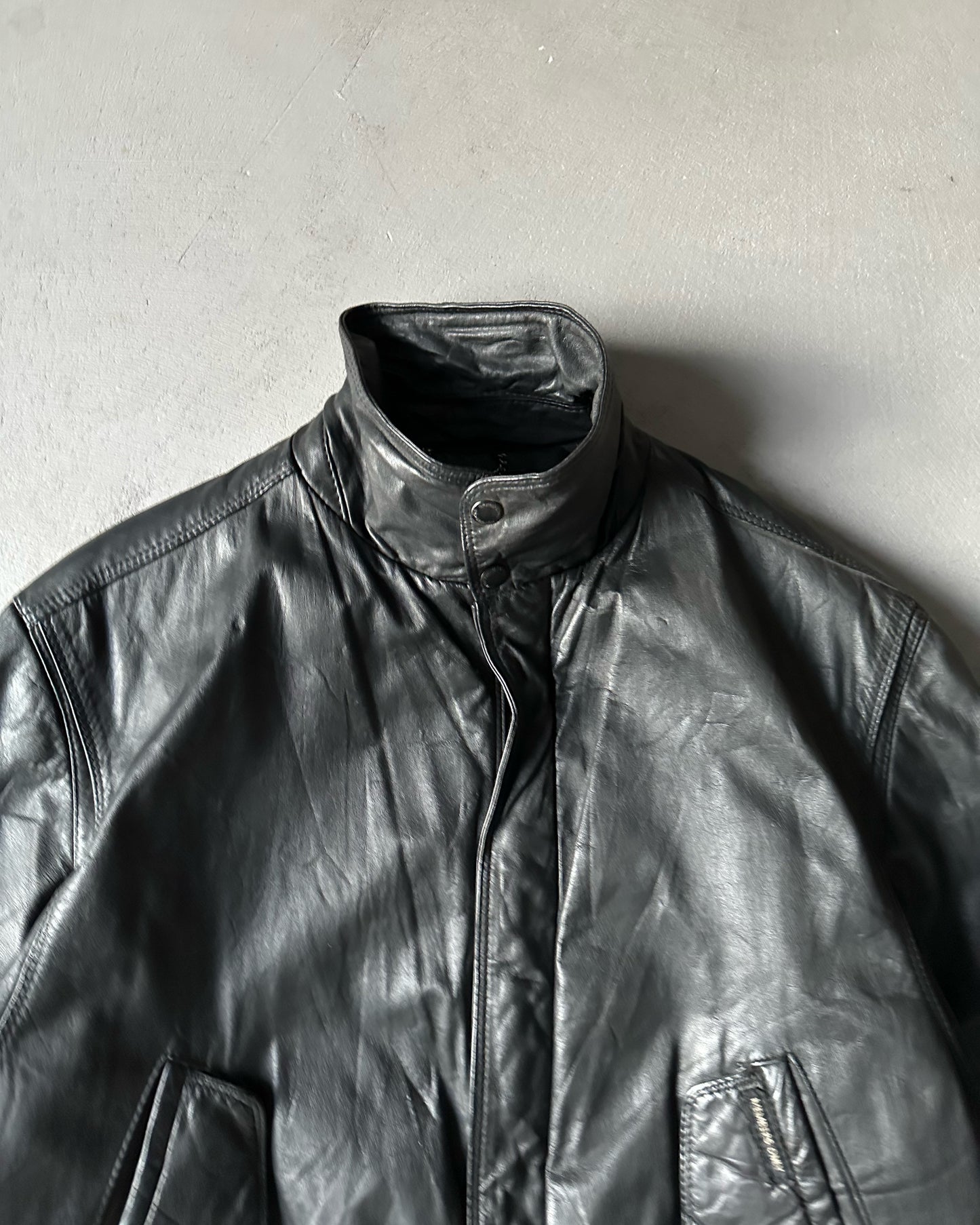 1990s - Black Leather Bomber Jacket - S