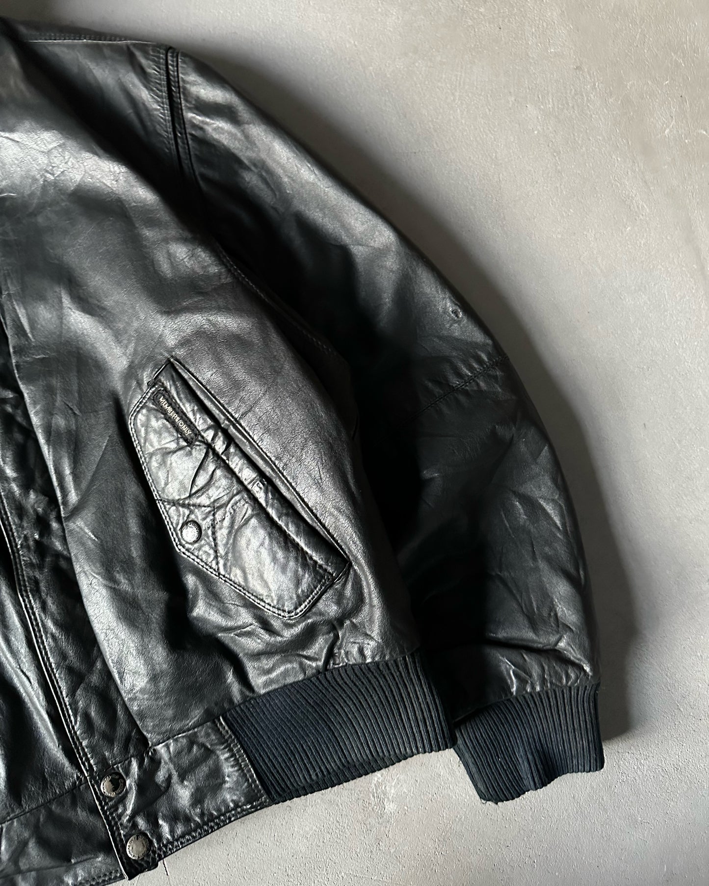 1990s - Black Leather Bomber Jacket - S