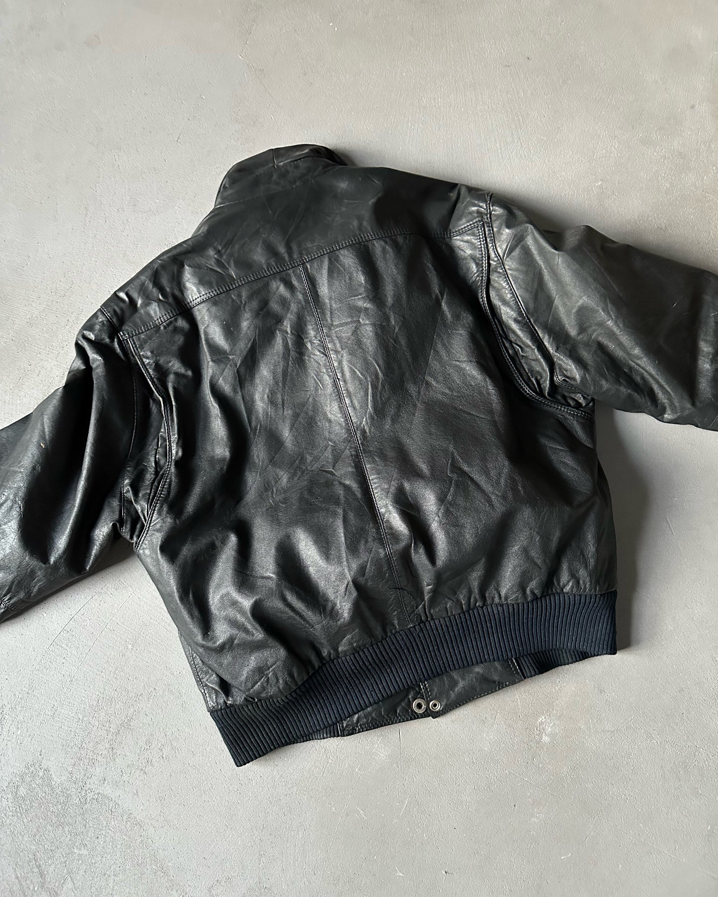 1990s - Black Leather Bomber Jacket - S