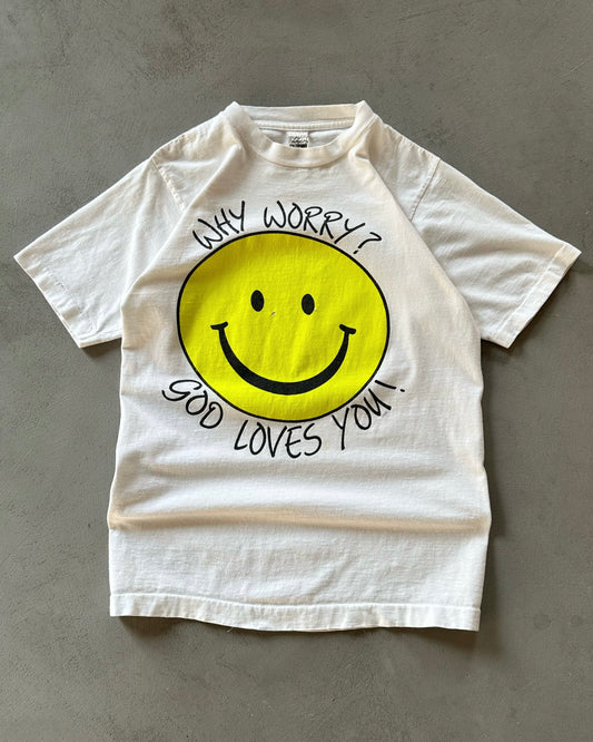 1990s - Distressed White "Why Worry?" T-Shirt - S