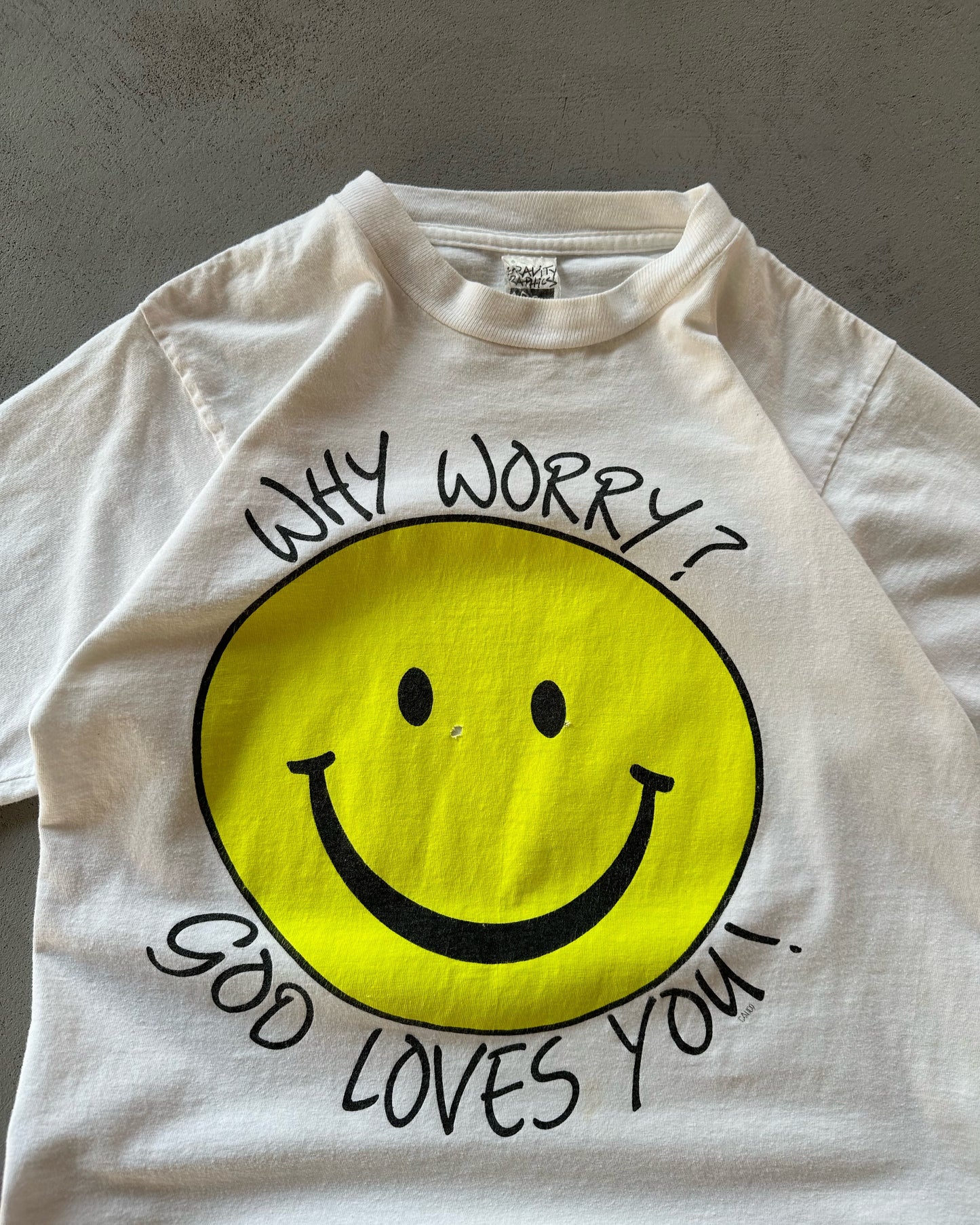 1990s - Distressed White "Why Worry?" T-Shirt - S