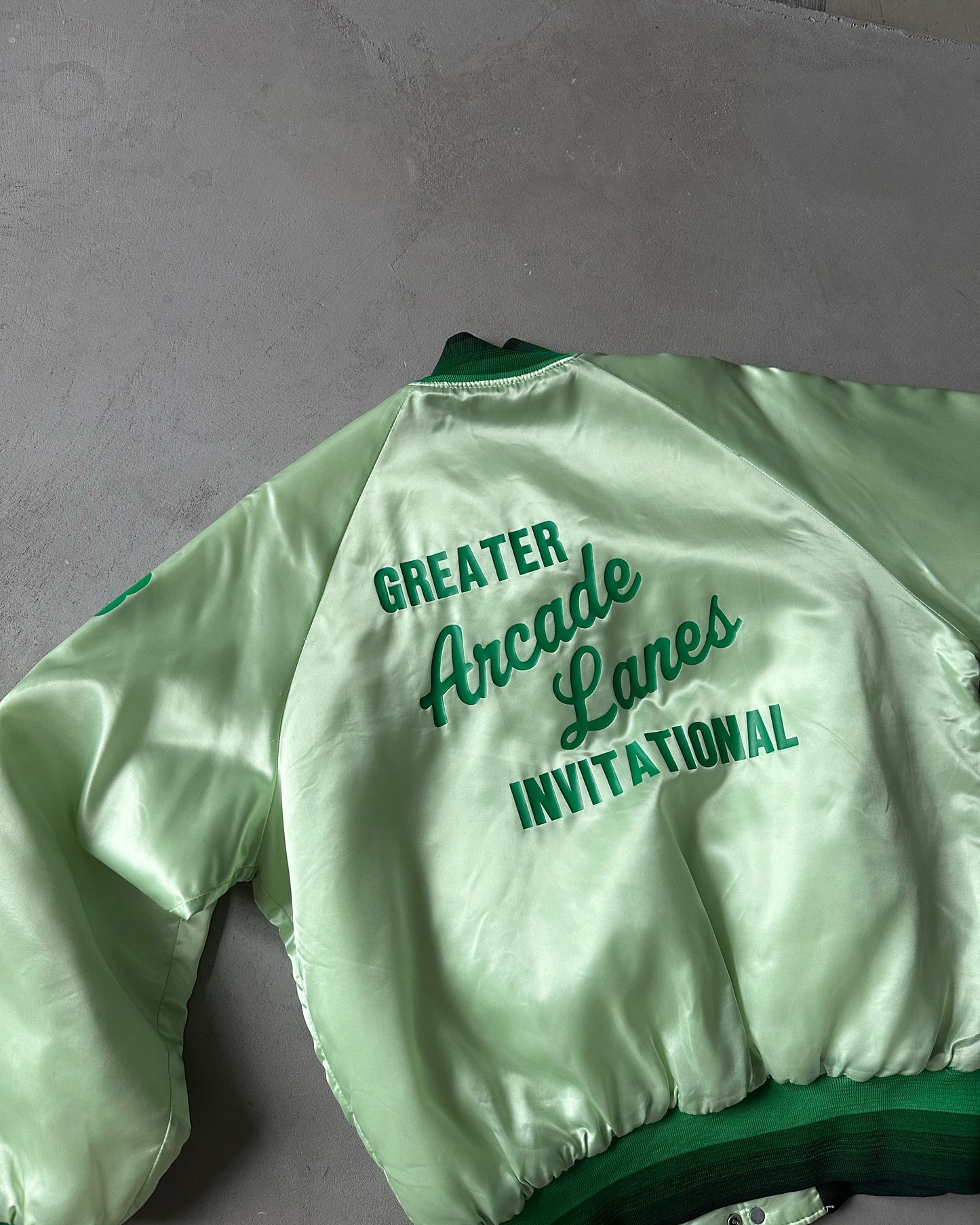 1980s - Lime Green Arcade Lanes Nylon Bomber Jacket - XL