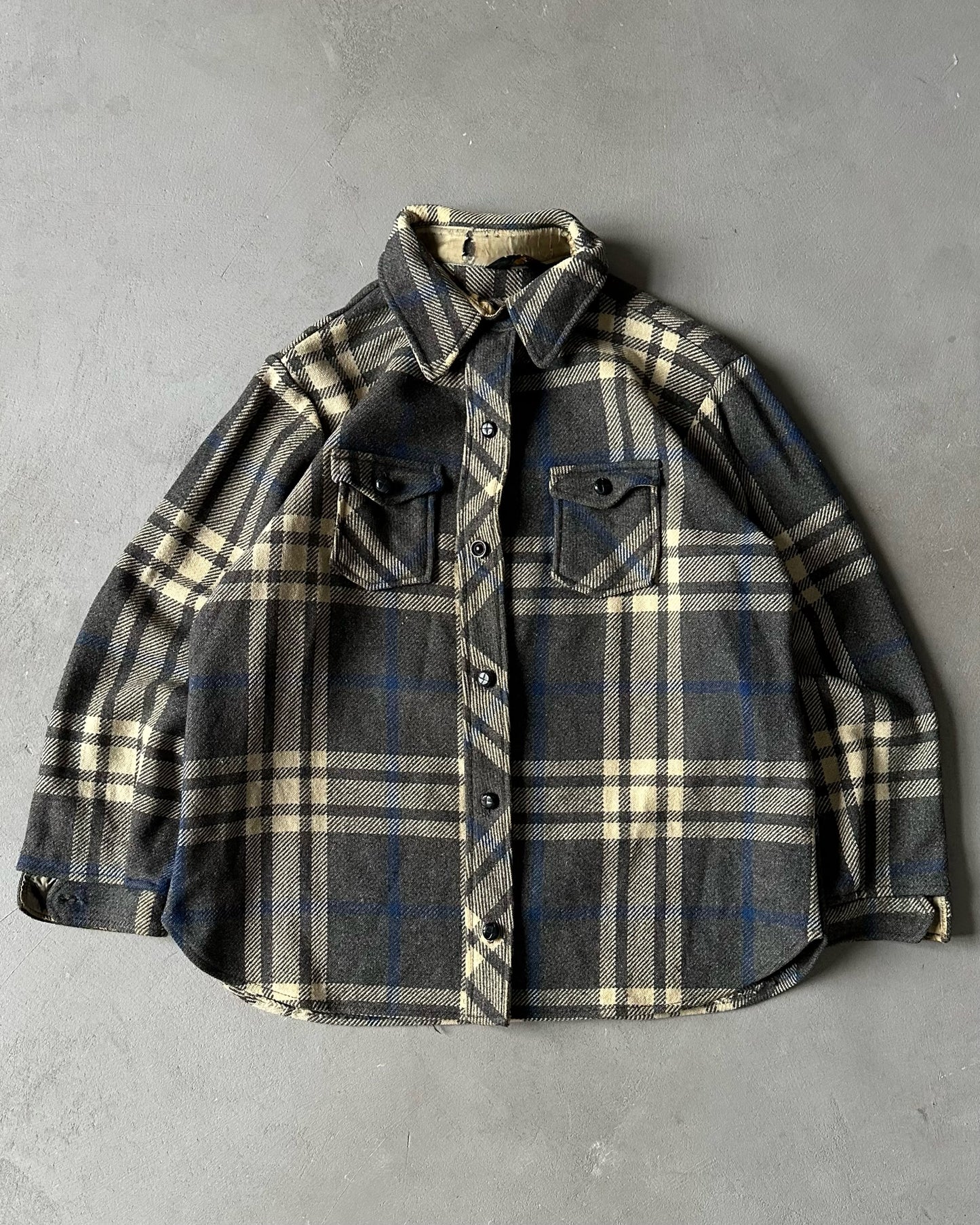 1970s - Distressed Grey/Blue Women's Plaid Shacket - (W)M