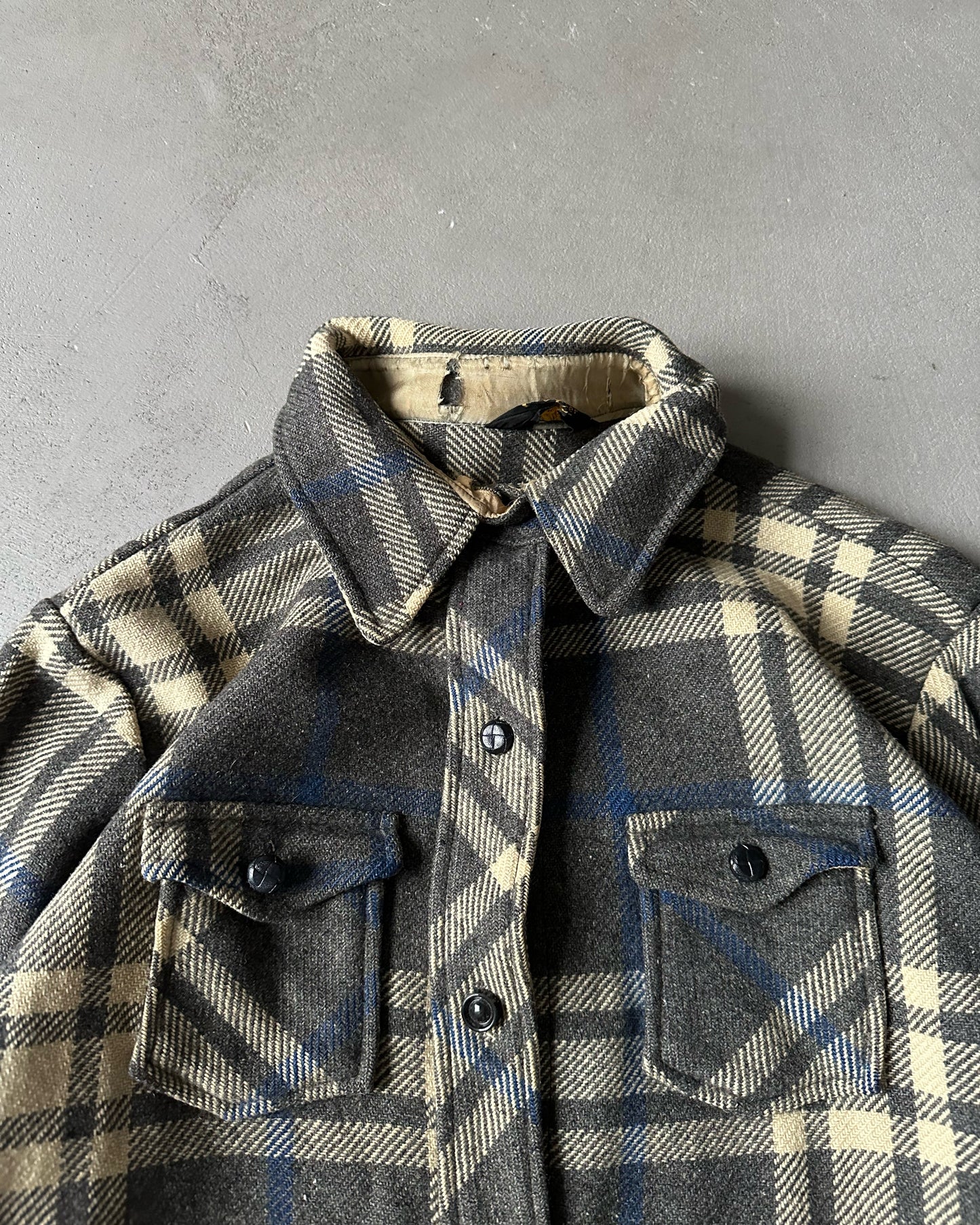 1970s - Distressed Grey/Blue Women's Plaid Shacket - (W)M