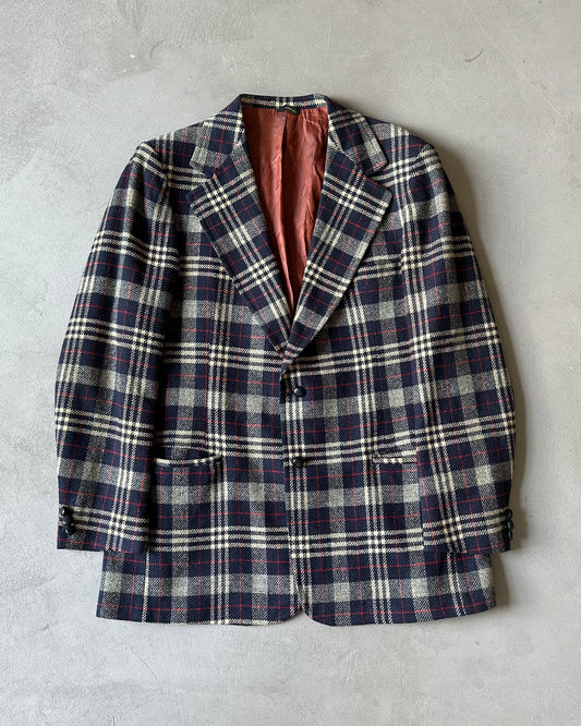 1970s - Navy/Cream Plaid Wool Blazer - 42L