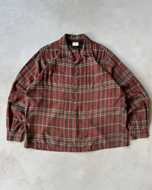 1960s - Green/Red Loop Collar Plaid Shirt - L