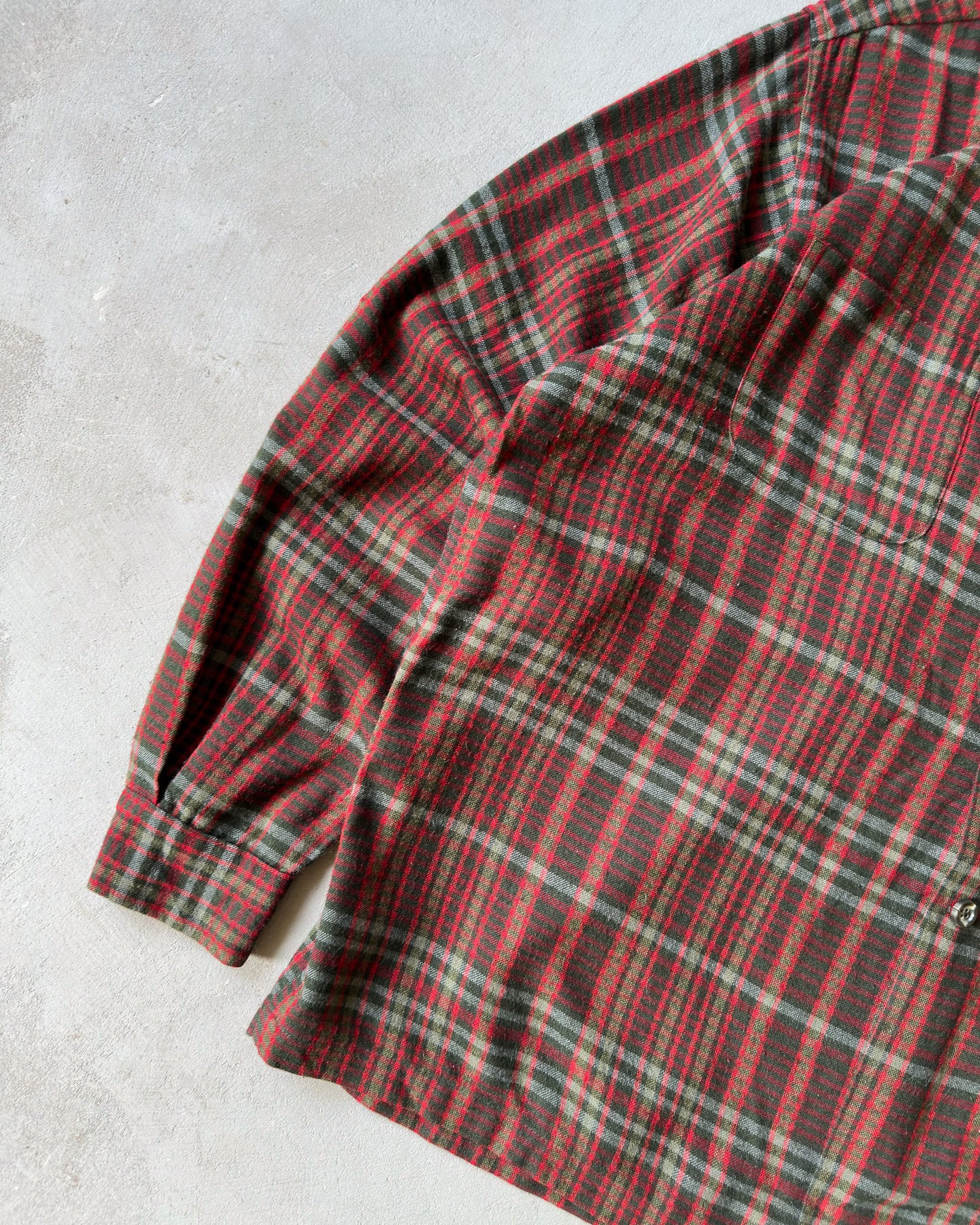 1960s - Green/Red Loop Collar Plaid Shirt - L