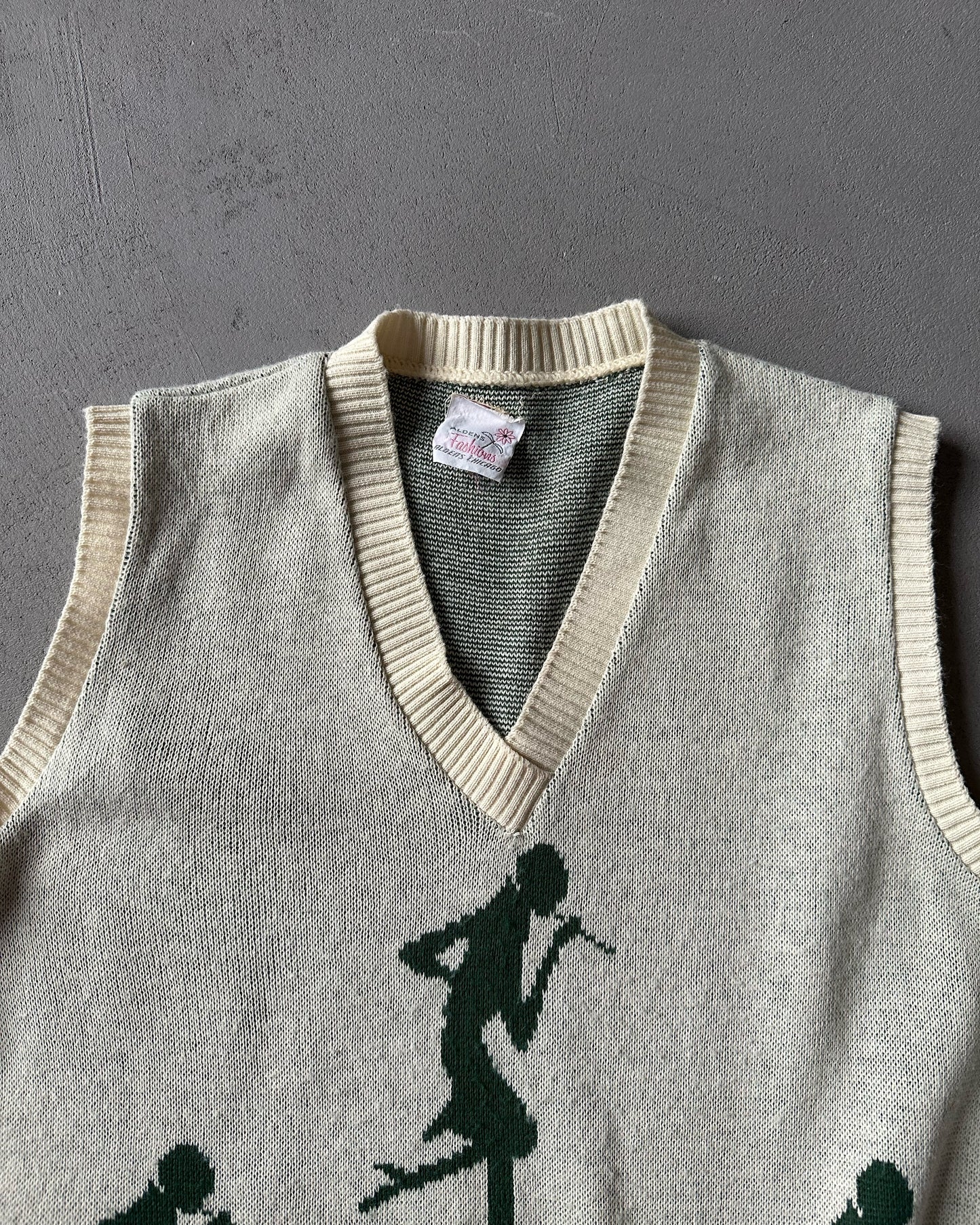 1960s - Cream/Green "Lady" Women's Sweater Vest - (W)M