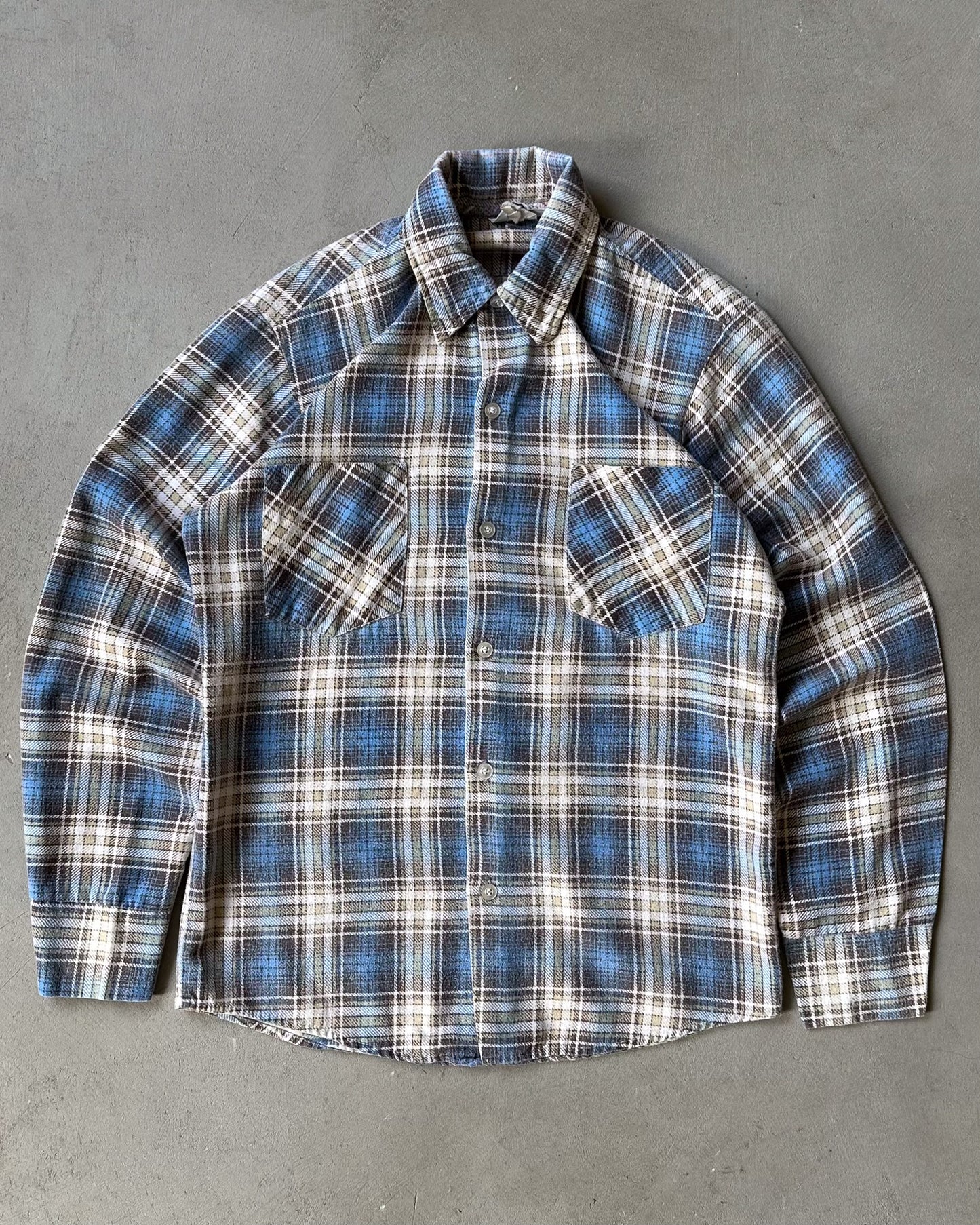 1970s - Blue/Brown Plaid Flannel - XS/S