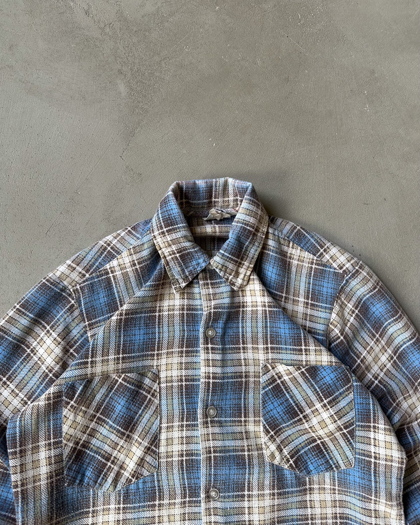 1970s - Blue/Brown Plaid Flannel - XS/S